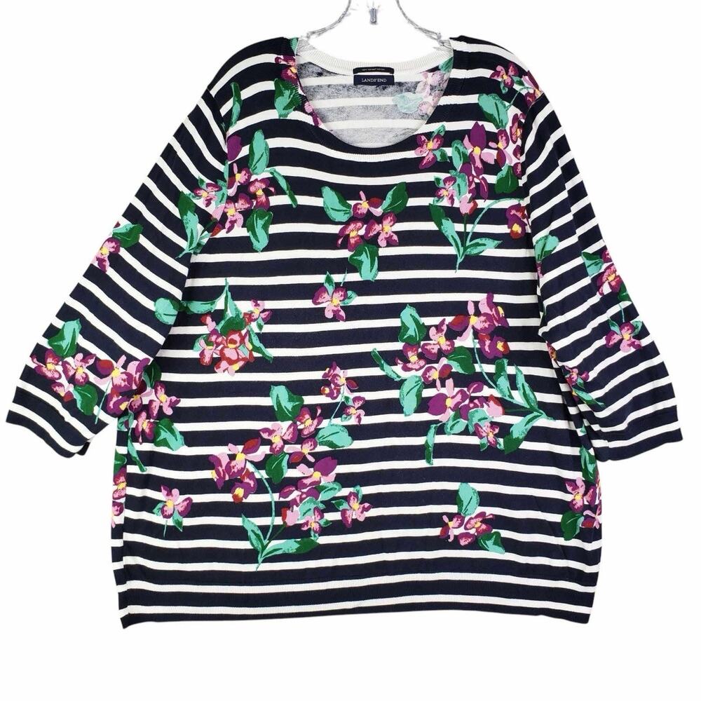 Lands End Sweater Supima Cotton Navy Blue Striped Floral Womens Plus Size 3X
